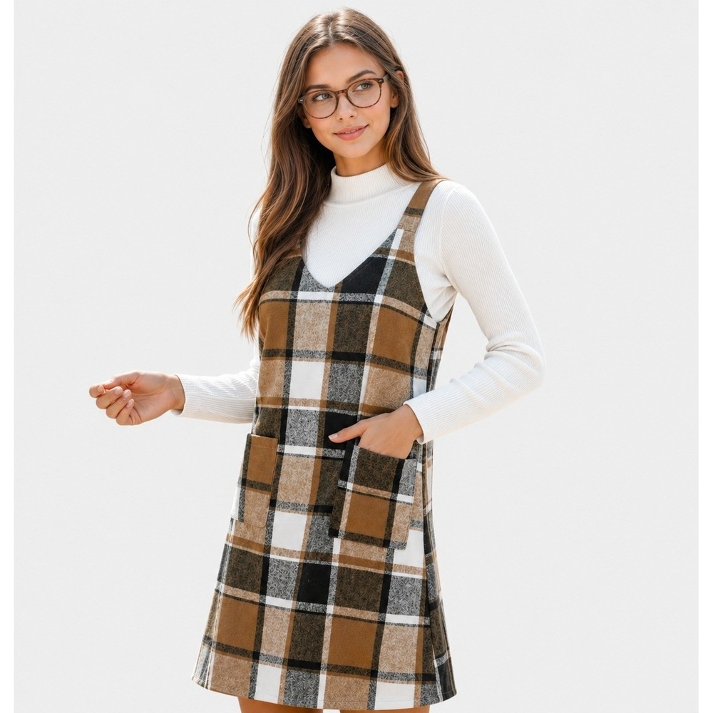 Plaid Pinafore Jumper Dress Brown Black White V-Neck Mini Pockets Size M